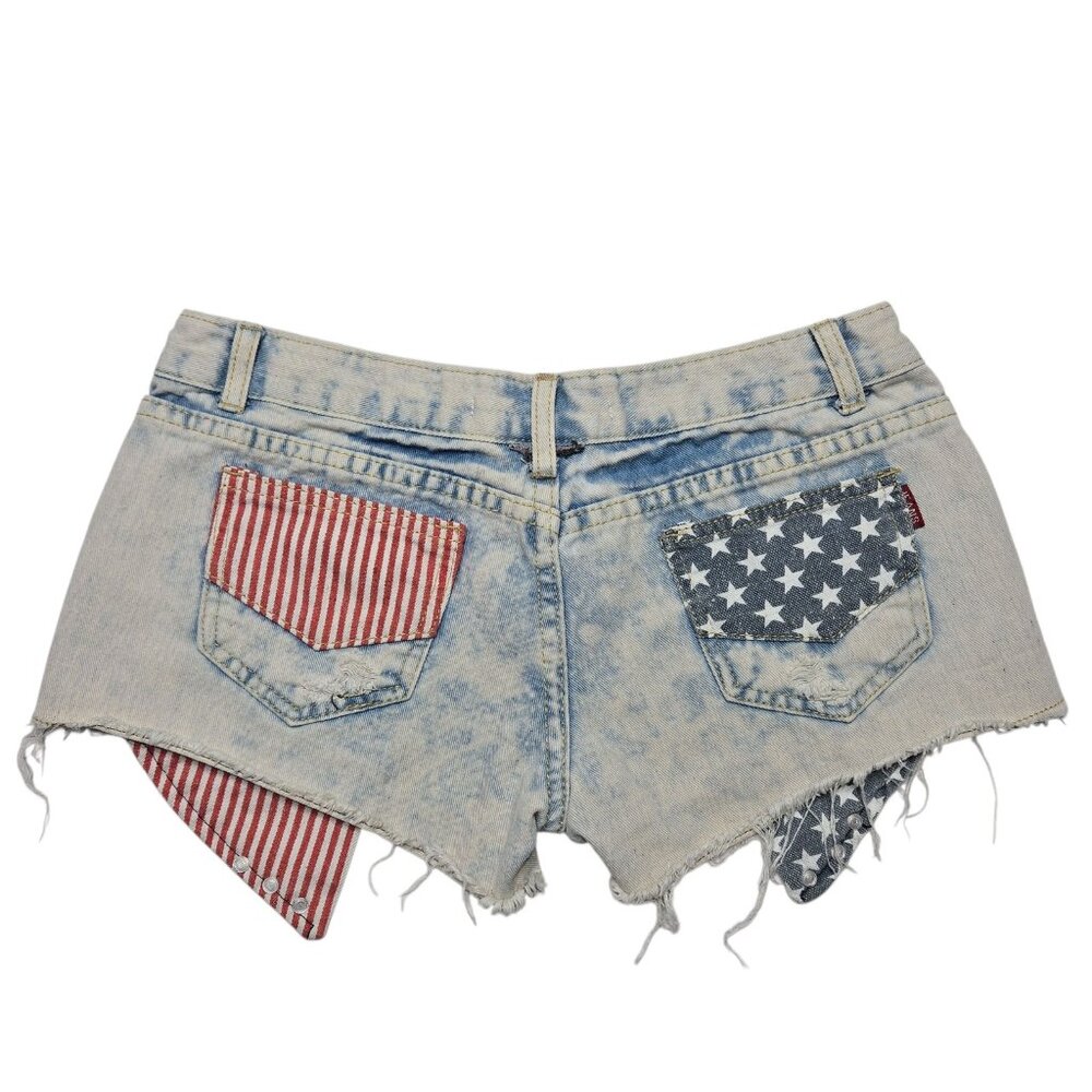 Blue Dog Shorts Womens Large Bleached Denim Distressed Stars‎ Stripes Flag USA